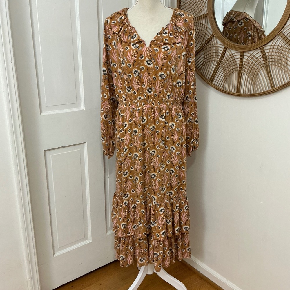 Universal Thread Floral Ruffle Hem Maxi Dress M Mustard Boho Tiered Fall Peasant